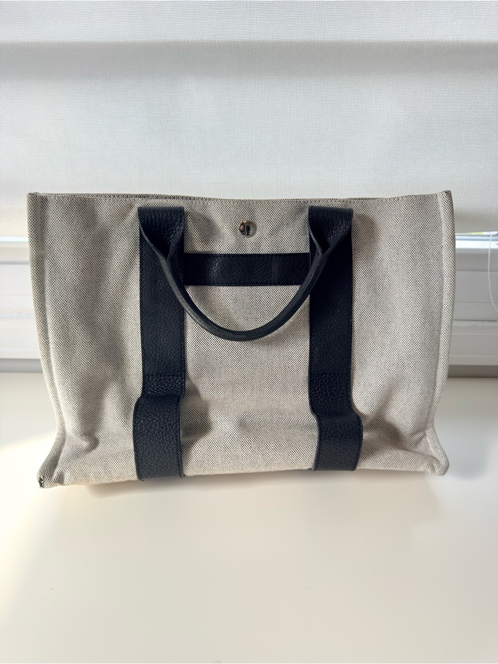 Hermes Canvas Tote with Black Leather Trim - Picture 2 of 7